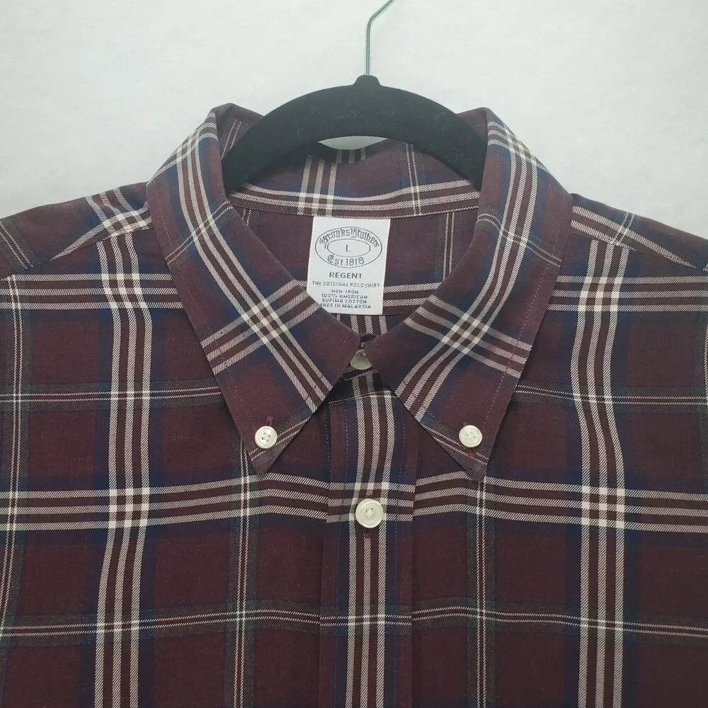 L Brooks Brothers Regent Button Down Shirt Burgundy Wine Plaid Pocket Maroon - Picture 4 of 9